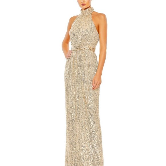 NWT MAC DUGGAL SZ 2 11281 SEQUIN HALTER NECK SOFT TIE DRESS CHAMPAGNE GOLD - Picture 8 of 9